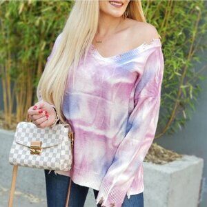 Casual Tie Dye Sweater Top - Pink Purple